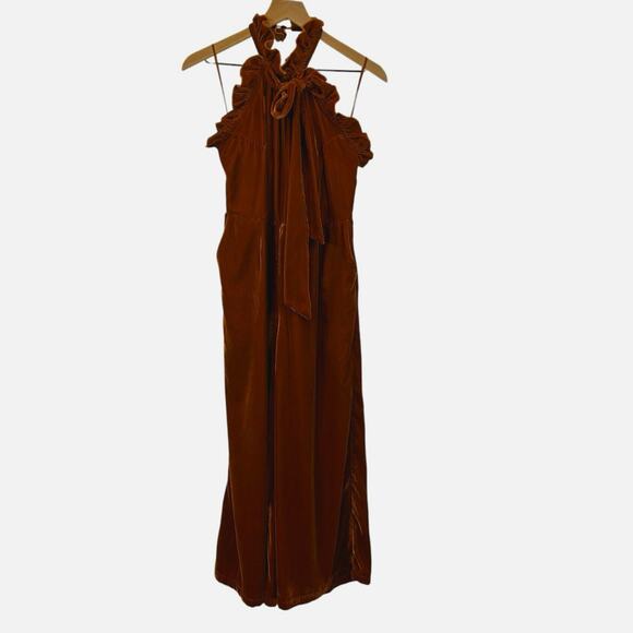 Anthropologie Kristinit Velvet Jumpsuit Rust
Orange Brown Copper Ruffle Halter L - Picture 6 of 12